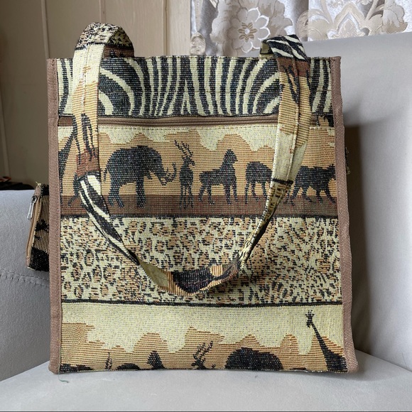 Vintage African Safari Themed Tapestry Tote Bag Purse Benjamin Jordan - Picture 2 of 7